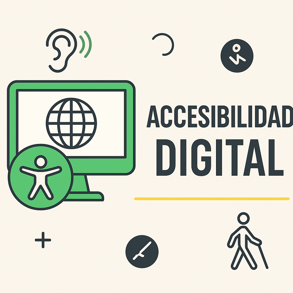 Accesibilidad digital. Ilustración con diferentes iconos asociados a la Accesibilidad para Todas y Todos