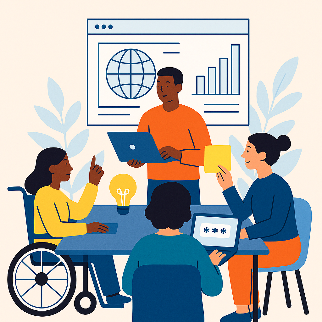 Ilustración de personas diversas trabajando juntas en un entorno colaborativo e inclusivo.