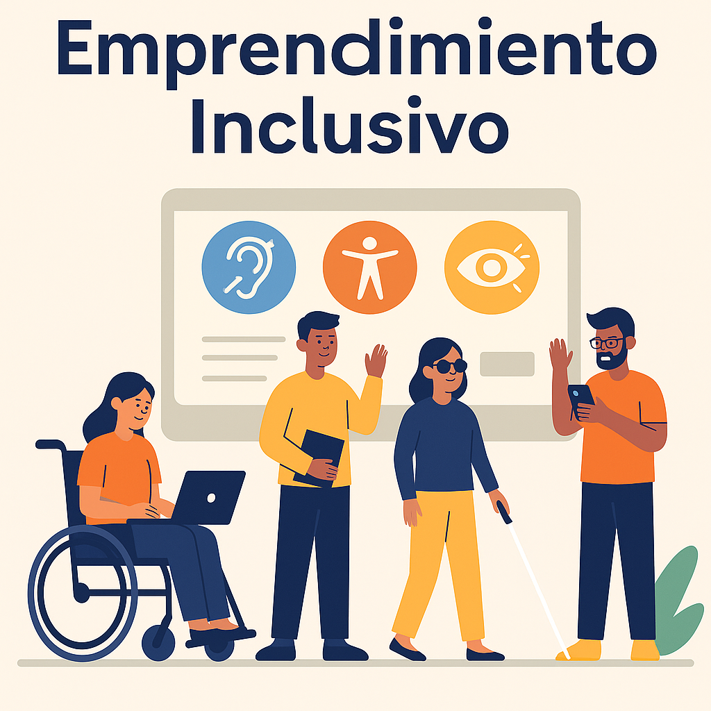 Emprendimiento inclusivo. Ilustración de cuatro personas diversas emprendiendo con tecnología: mujer en silla de ruedas con portátil, hombre con carpeta, mujer con bastón blanco y hombre con móvil, frente a pantalla con iconos de accesibilidad.