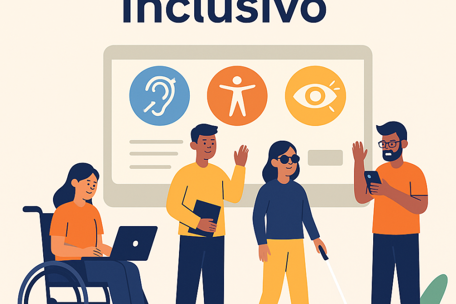 Ilustración de cuatro personas diversas emprendiendo con tecnología: mujer en silla de ruedas con portátil, hombre con carpeta, mujer con bastón blanco y hombre con móvil, frente a pantalla con iconos de accesibilidad.