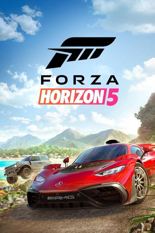 Portada de Forza 5 Horizon con un Mercedes AMG rojo y un 4x4 al fondo