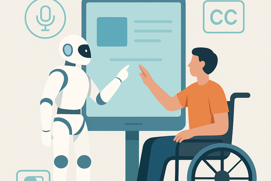 Ilustración de una persona en silla de ruedas interactuando con un robot frente a una pantalla táctil, con iconos de accesibilidad como subtítulos, voz y lector de pantalla.