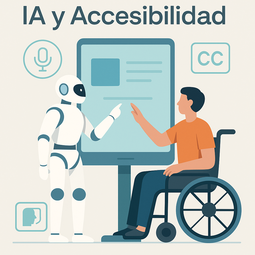 Inteligencia artificial accesible. Ilustración de una persona en silla de ruedas interactuando con un robot frente a una pantalla táctil, con iconos de accesibilidad como subtítulos, voz y lector de pantalla.