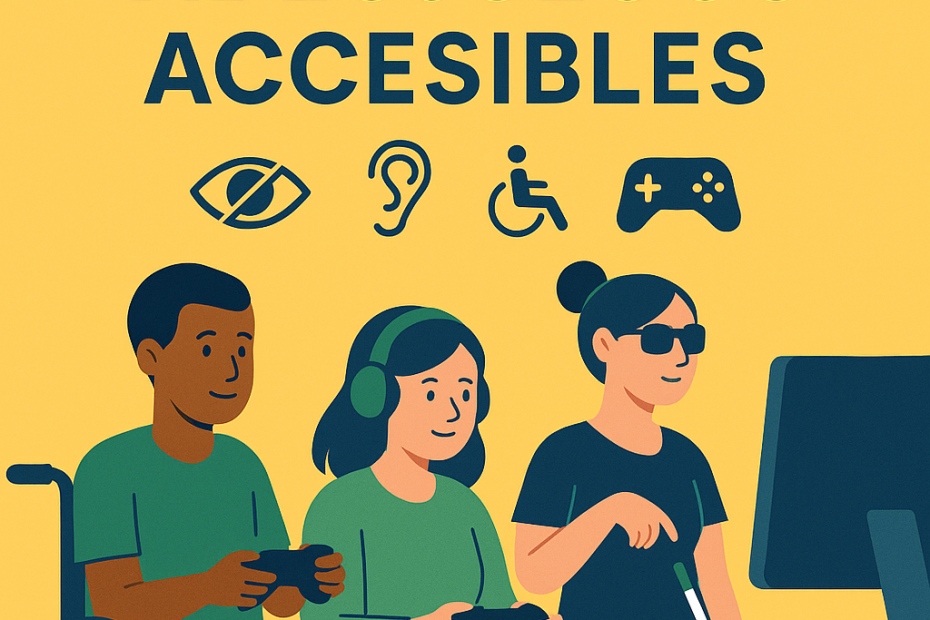 Ilustración digital de una persona con discapacidad jugando con mando adaptado frente a una gran pantalla, acompañada de iconos de accesibilidad y videojuegos. Fondo con estilo colorido y dinámico.