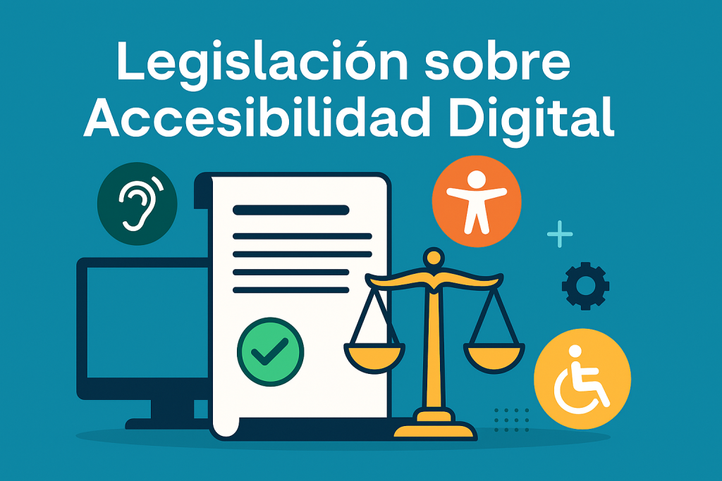 Legislación sobre accesibilidad digital con una Ilustración digital de estilo plano, que representa un documento legal, balanza de la justicia y símbolos de accesibilidad en un entorno digital.